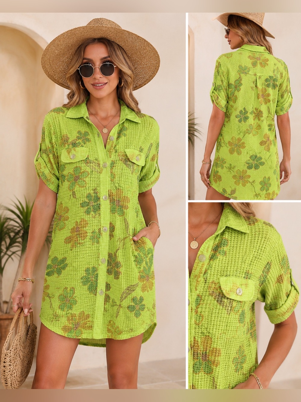NWOT Easel Lime Green Waffle Knit Floral Button Front Shirt Dress Size Small